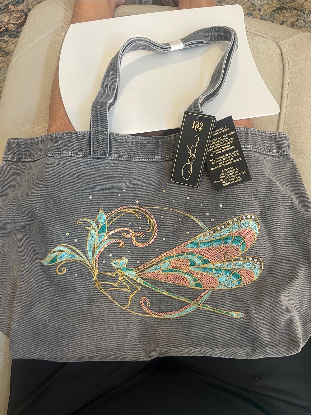 DG2 by Diane Gilman Gray Tote with Turquoise & Coral Embroidered Dragonfly